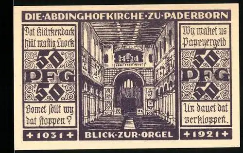 Notgeld Paderborn 1921, 50 Pfennig, Abdinghofkirche mit Orgel und Inschrift