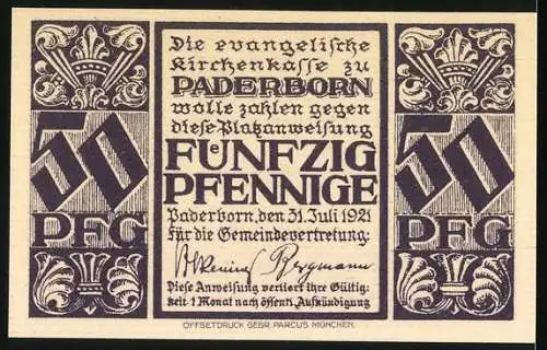 Notgeld Paderborn 1921, 50 Pfennig, Abdinghofkirche mit Orgel und Inschrift