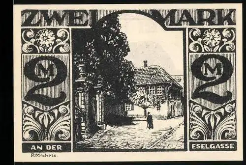 Notgeld Paderborn 1921, 2 Mark, Eselgasse und Esel-Motiv