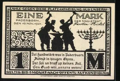 Notgeld Paderborn 1921, 1 Mark, Busdorfkirche und Handwerker-Motiv