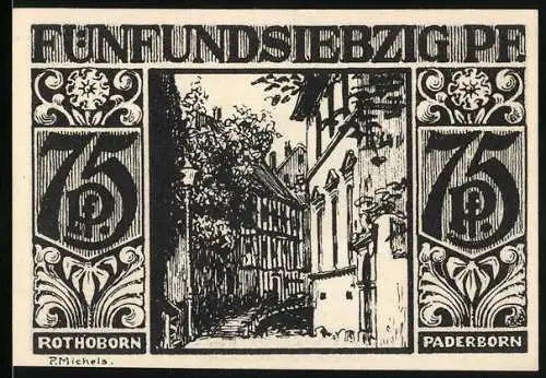 Notgeld Paderborn 1921, 75 Pfennig, Strassenszene und Wasserversorgung