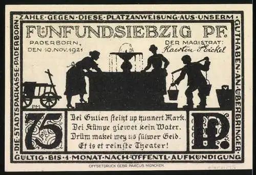 Notgeld Paderborn 1921, 75 Pfennig, Strassenszene und Wasserversorgung