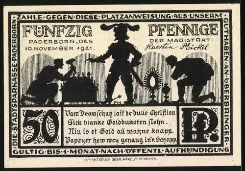 Notgeld Paderborn 1921, 50 Pfennig, Friedhof des Domes, Silhouetten von Figuren