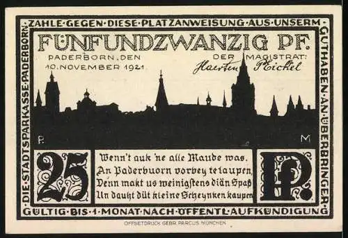 Notgeld Paderborn 1921, 25 Pfennig, Die Kisau und Stadtsilhouette