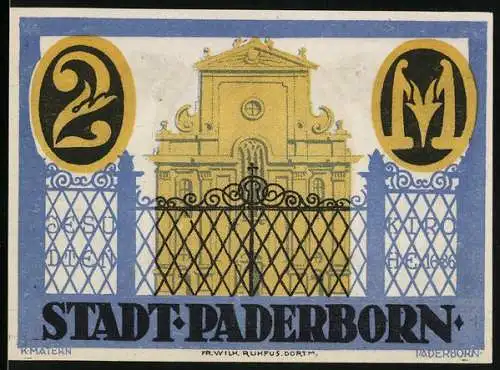 Notgeld Paderborn 1921, 2 Mark, Stadtansicht und Ferdinand von Fürstenberg