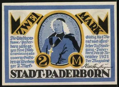 Notgeld Paderborn 1921, 2 Mark, Stadtansicht und Ferdinand von Fürstenberg