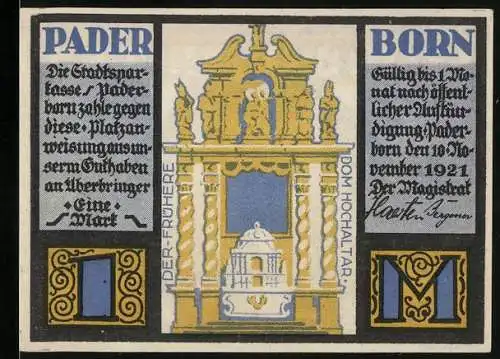 Notgeld Paderborn 1921, 1 Mark, Hochaltar und Porträt von Dietrich Adolf von der Recke