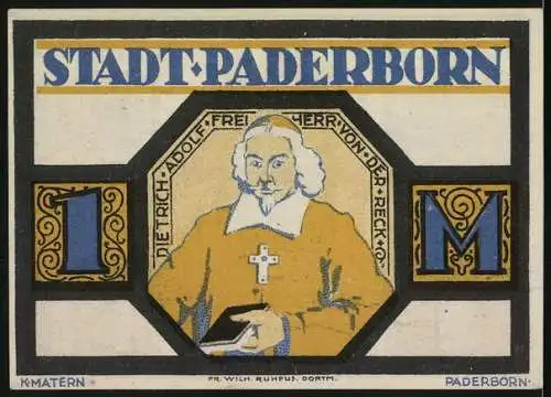 Notgeld Paderborn 1921, 1 Mark, Hochaltar und Porträt von Dietrich Adolf von der Recke