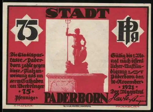 Notgeld Paderborn 1921, 75 Pfennig, Statue mit Dreizack und Porträt des Fürstbischofs Clemens August