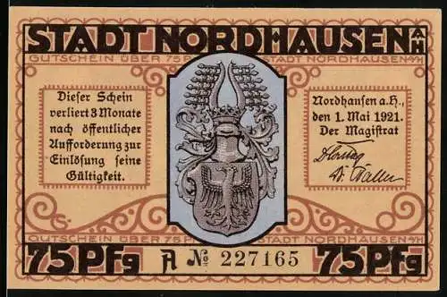 Notgeld Nordhausen 1921, 75 Pfennig, Wappen mit Inschrift und Skelett mit Sense und Mann im Fass