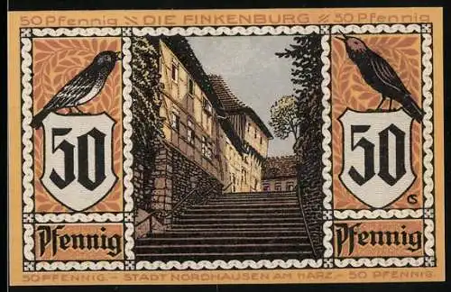 Notgeld Nordhausen 1921, 50 Pfennig, Finkenburg und Der Roland, Seriennummer 088997