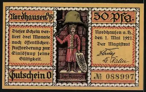 Notgeld Nordhausen 1921, 50 Pfennig, Finkenburg und Der Roland, Seriennummer 088997