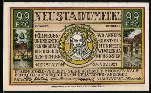 Notgeld Neustadt / Meckl 1921, 99 Pfennig, Porträt, Rathaus, Schloss und Technikum