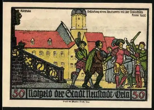 Notgeld Neustadt an der Orla 1921, 50 Pfennig, Bestrafung eines Wucherers und Handwerkerwappen