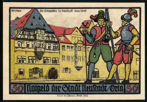 Notgeld Neustadt an der Orla 1921, 50 Pfennig, Schweden in Neustadt 1640, Tuchmacher und Gerber, Stadtansicht und Wappen