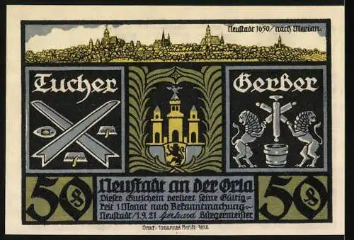 Notgeld Neustadt an der Orla 1921, 50 Pfennig, Frau streut Rosenblätter auf Parade 1815, Tucher und Gerber Symbole