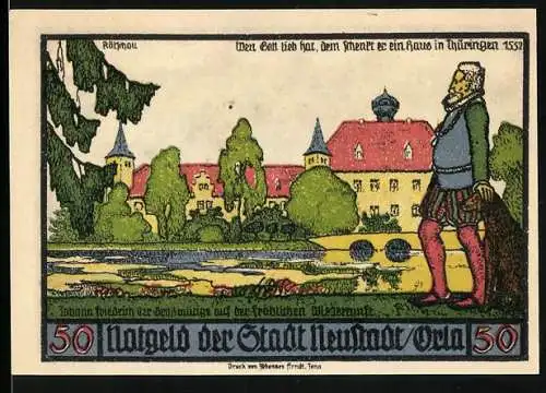 Notgeld Neustadt an der Orla 1921, 50 Pfennig, Johann Friedrich der Grossmütige und Stadtansichten, Wappen, Tuchmacher