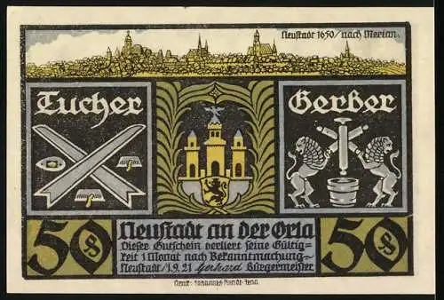 Notgeld Neustadt an der Orla 1921, 50 Pfennig, Tuchknappe und Gerber, Stadtansicht und Wappen