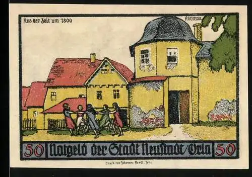 Notgeld Neustadt an der Orla 1921, 50 Pfennig, historische Gebäude und Wappen, Handwerker-Symbole