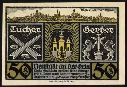 Notgeld Neustadt an der Orla 1921, 50 Pfennig, historische Gebäude und Wappen, Handwerker-Symbole