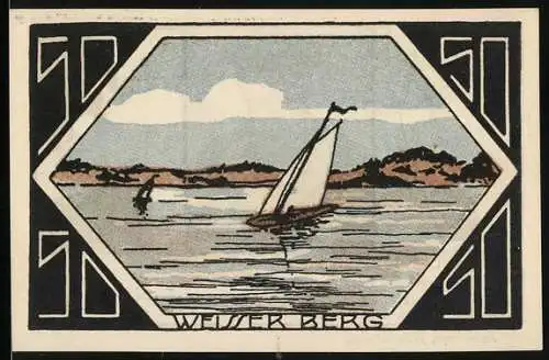 Notgeld Neustadt 1921, 50 Pfennig, Weisser Berg, Segelboot und Porträt eines Mannes