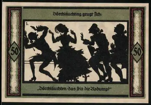 Notgeld Neustrelitz 1921, 50 Pfennig, Silhouetten-Tänzer und Stadtturm