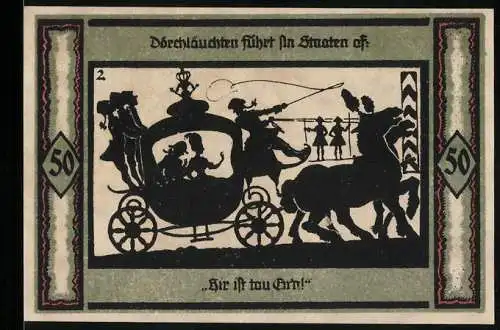 Notgeld Neustrelitz 1921, 50 Pfennig, Kutsche mit Pferden und Turm in der Mitte