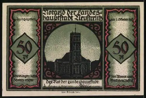 Notgeld Neustrelitz 1921, 50 Pfennig, Kutsche mit Pferden und Turm in der Mitte