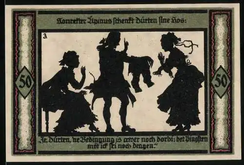 Notgeld Neustrelitz 1921, 50 Pfennig, Silhouette von Personen und Gebäude, Seriennummer, Wappen