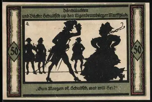 Notgeld Neustrelitz 1921, 50 Pfennig, Silhouetten von Figuren und Gebäude