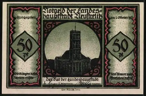 Notgeld Neustrelitz 1921, 50 Pfennig, Silhouetten und Stadtansicht mit Kirche