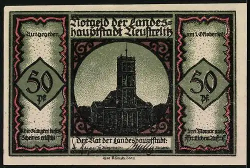 Notgeld Neustrelitz 1921, 50 Pfennig, Silhouettenfiguren und Stadtansicht