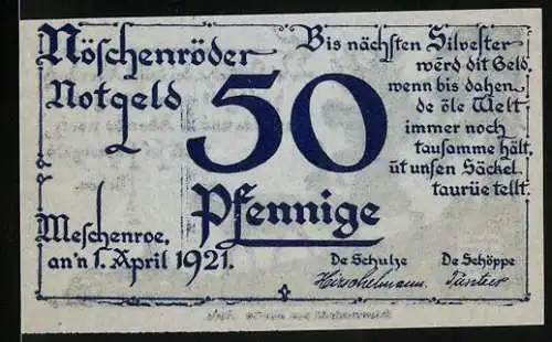 Notgeld Nöschenrode 1921, 50 Pfennig, Text und Silhouette einer Frau mit Ziege und Landschaft