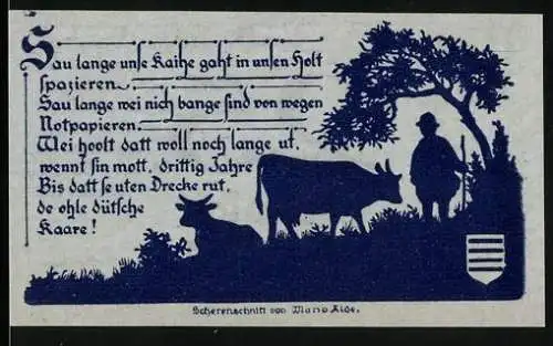 Notgeld Nöschenrode 1921, 25 Pfennig, Silhouetten von Mann und Kühen, Wappen und Text