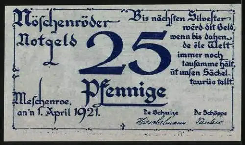 Notgeld Nöschenrode 1921, 25 Pfennig, Silhouetten von Mann und Kühen, Wappen und Text