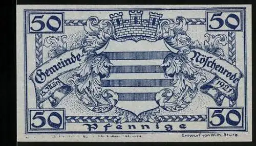 Notgeld Nöschenrode 1921, 50 Pfennig, Stadtansicht und Wappen mit Löwen