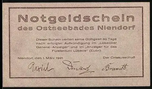 Notgeld Niendorf 1921, 50 Pfennig, Strandlandschaft mit Booten und Seebrücke