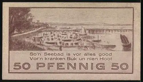 Notgeld Niendorf 1921, 50 Pfennig, Strandlandschaft mit Booten und Seebrücke