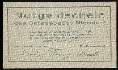 Notgeld Niendorf 1921, 75 Pfennig, Küstenlandschaft mit Spruch In Not und Graus Vertru di Sülwst