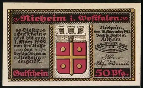 Notgeld Nieheim 1921, 50 Pfennig, Porträt, FW Webers Wohnhaus und Wappen