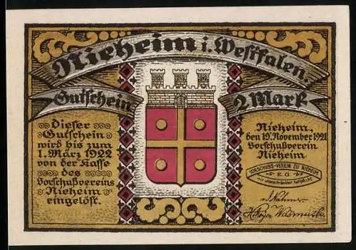 Notgeld Nieheim i. Westfalen 1921, 2 Mark, Wappen und Landschaftsansicht