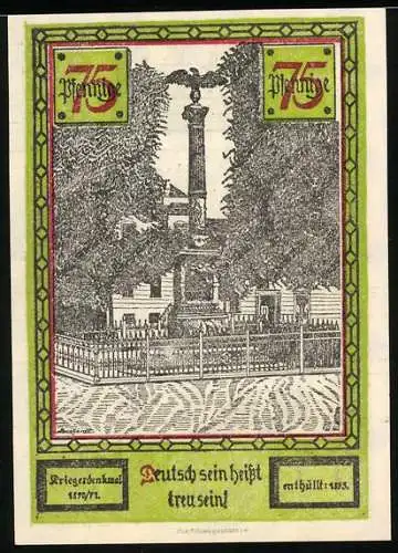 Notgeld Soldin 1921, 75 Pfennig, Kriegerdenkmal und Stadtansicht mit Burg und Häusern