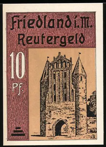 Notgeld Friedland i. M. 1921, 10 Pf, Abbildung eines historischen Gebäudes