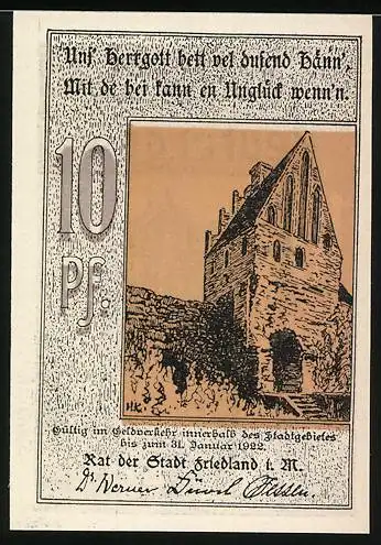 Notgeld Friedland i. M. 1921, 10 Pf, Abbildung eines historischen Gebäudes