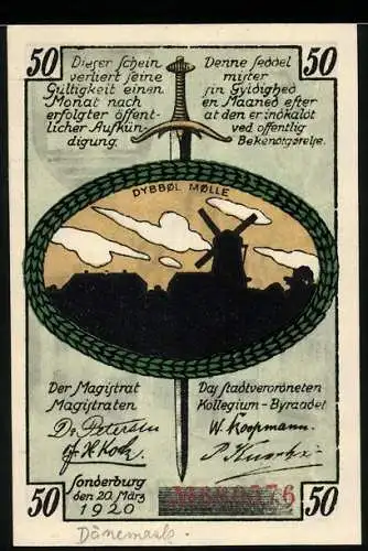 Notgeld Sonderburg 1920, 50 Pfennig, Dybbøl Mølle und Stadtansicht mit Wappen