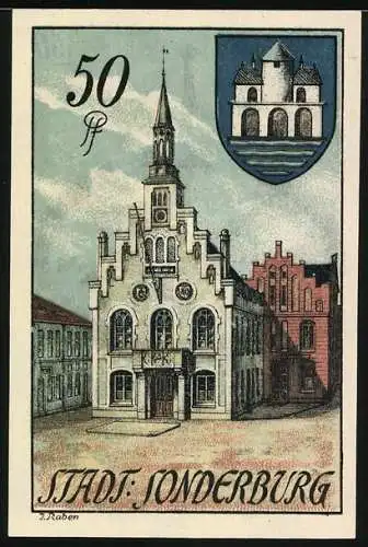 Notgeld Sonderburg 1920, 50 Pfennig, Dybbøl Mølle und Stadtansicht mit Wappen