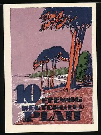 Notgeld Plau 1921, 10 Pfennig, Landschaft mit Bäumen und zwei Männer in Gespräch