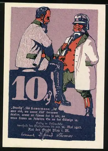 Notgeld Plau 1921, 10 Pfennig, Landschaft mit Bäumen und zwei Männer in Gespräch