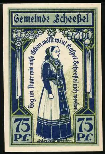 Notgeld Scheessel 1921, 75 Pf, Frau in traditioneller Tracht und Dorfansicht