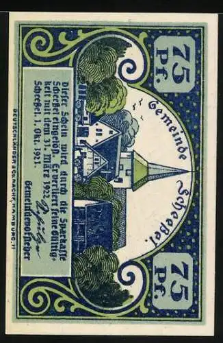 Notgeld Scheessel 1921, 75 Pf, Frau in traditioneller Tracht und Dorfansicht